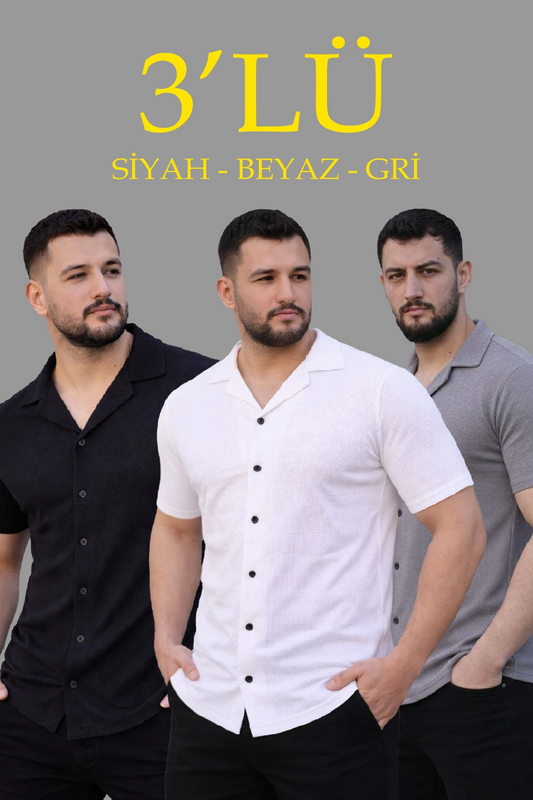 ASSEMA Erkek Waffle Dokuma Açık Yakalı Düğmeli Regular Kalıp 3 lü Gömlek Seti - Siyah, Beyaz, Gri