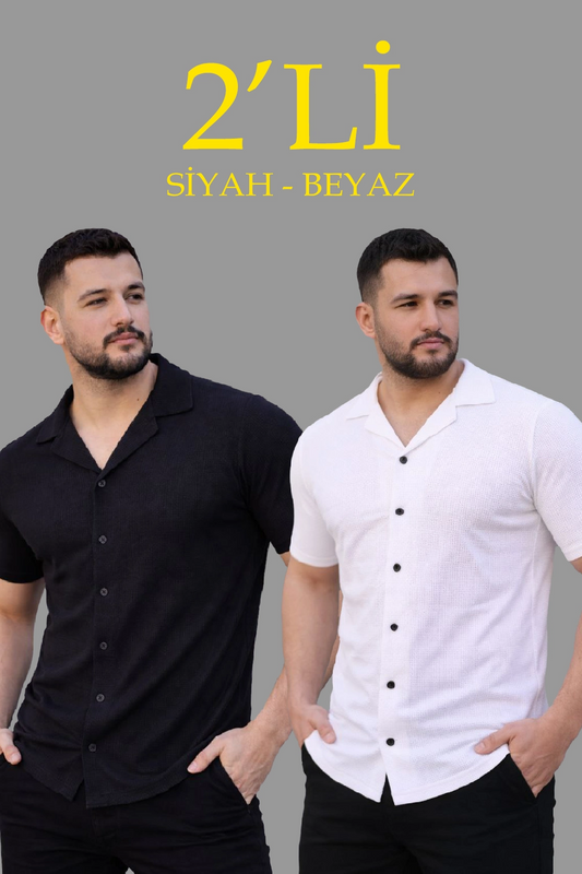 ASSEMA Erkek Waffle Dokuma Açık Yakalı Düğmeli Regular Kalıp 2 li Gömlek Seti - Siyah & Beyaz