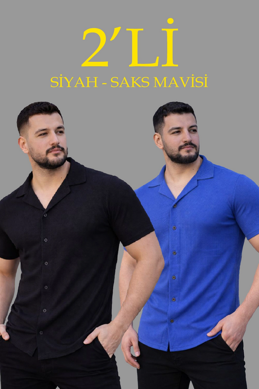 ASSEMA Erkek Waffle Dokuma Açık Yakalı Düğmeli Regular Kalıp 2 li Gömlek Seti - Siyah & Saks Mavisi