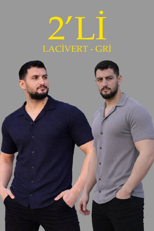 ASSEMA Erkek Waffle Dokuma Açık Yakalı Düğmeli Regular Kalıp 2 li Gömlek Seti - Lacivert & Gri