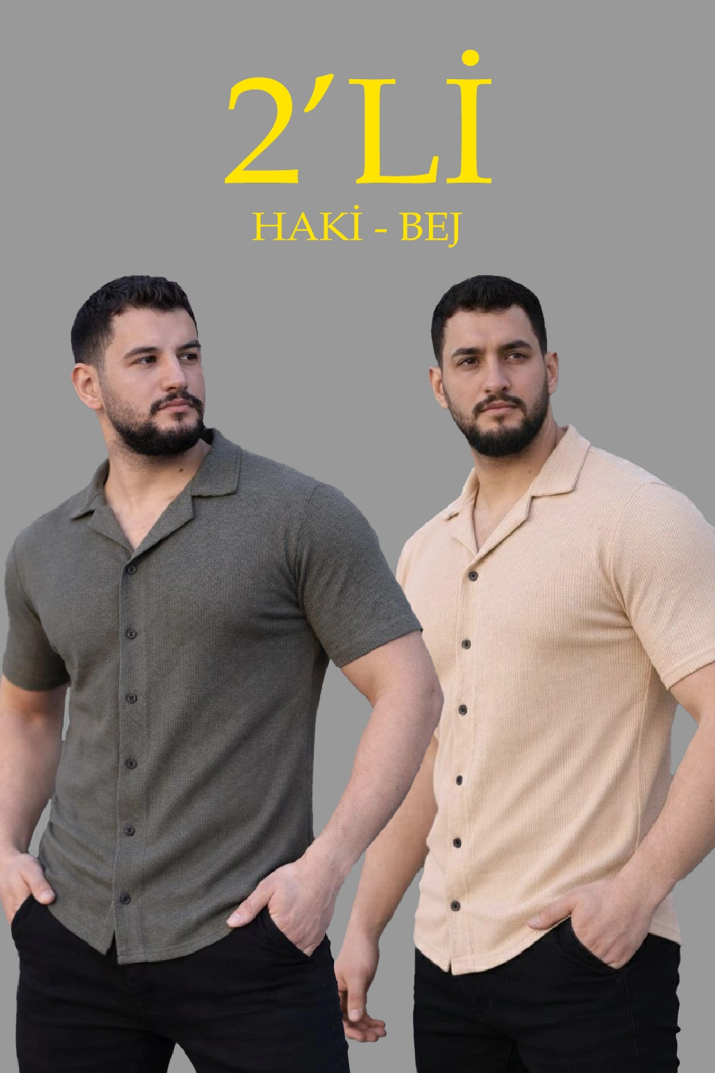 ASSEMA Erkek Waffle Dokuma Açık Yakalı Düğmeli Regular Kalıp 2 li Gömlek Seti - Haki & Bej
