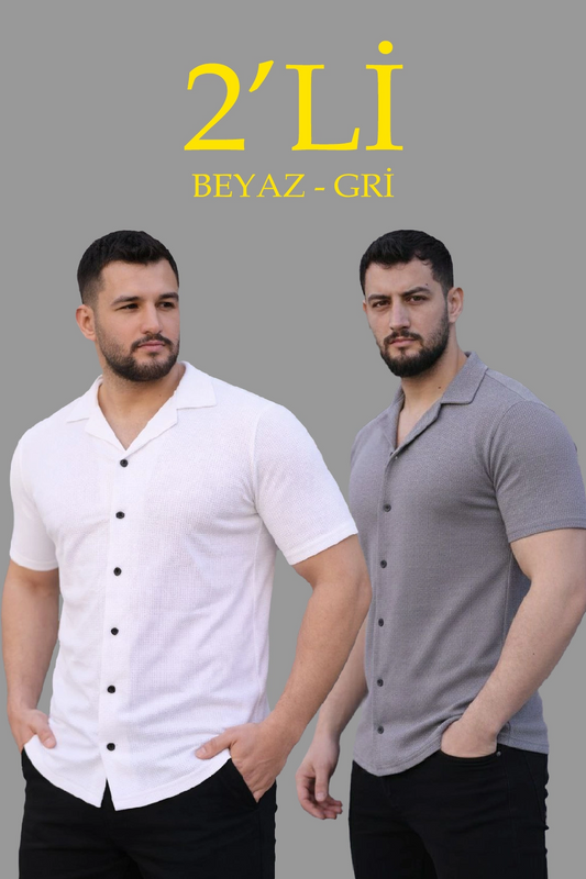 ASSEMA Erkek Waffle Dokuma Açık Yakalı Düğmeli Regular Kalıp 2 li Gömlek Seti - Beyaz & Gri