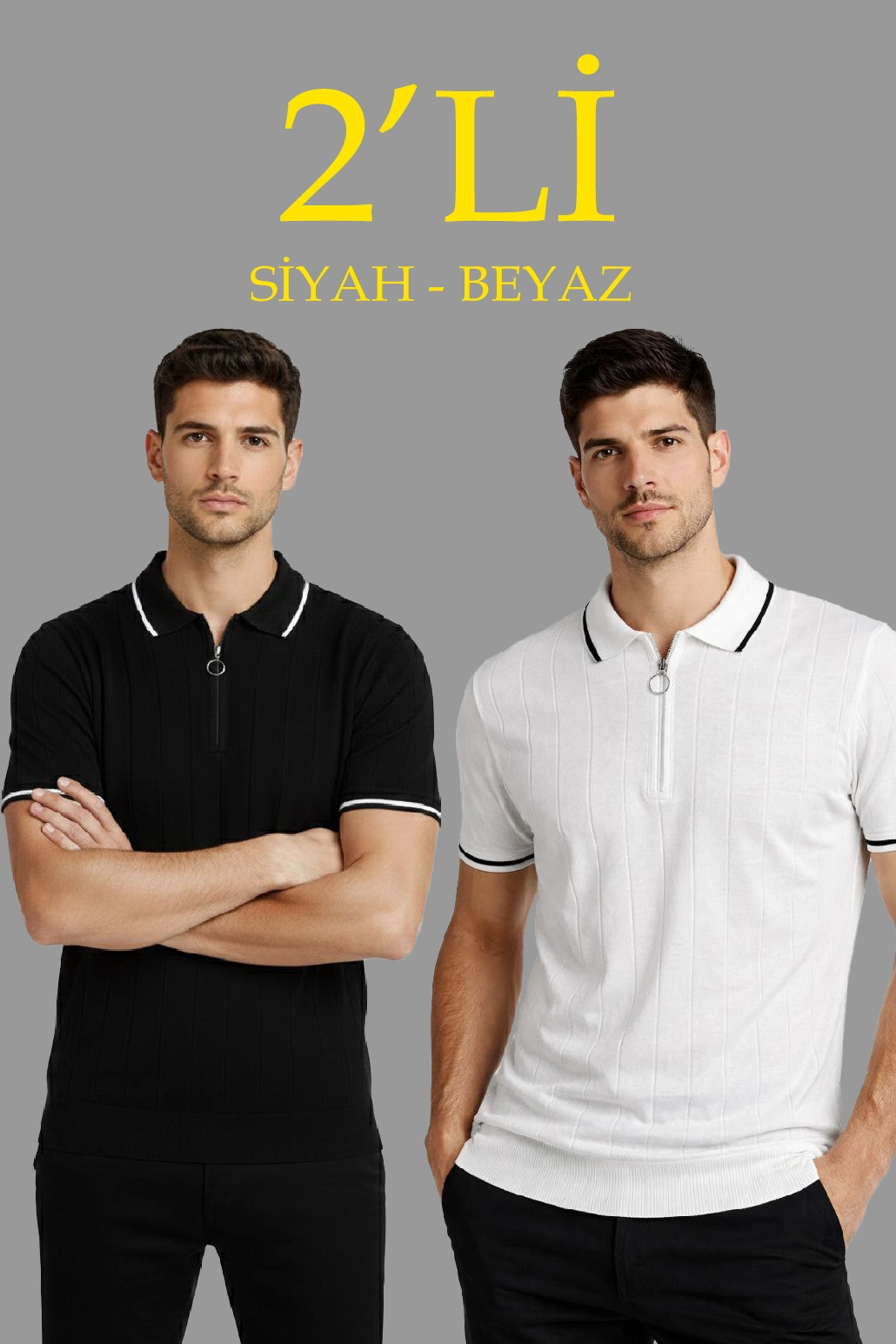 ASSEMA Erkek 2 li Paket Dokuma Triko Fermuarlı Yakalı Fitilli Kısa Kollu Regular - Beyaz & Siyah