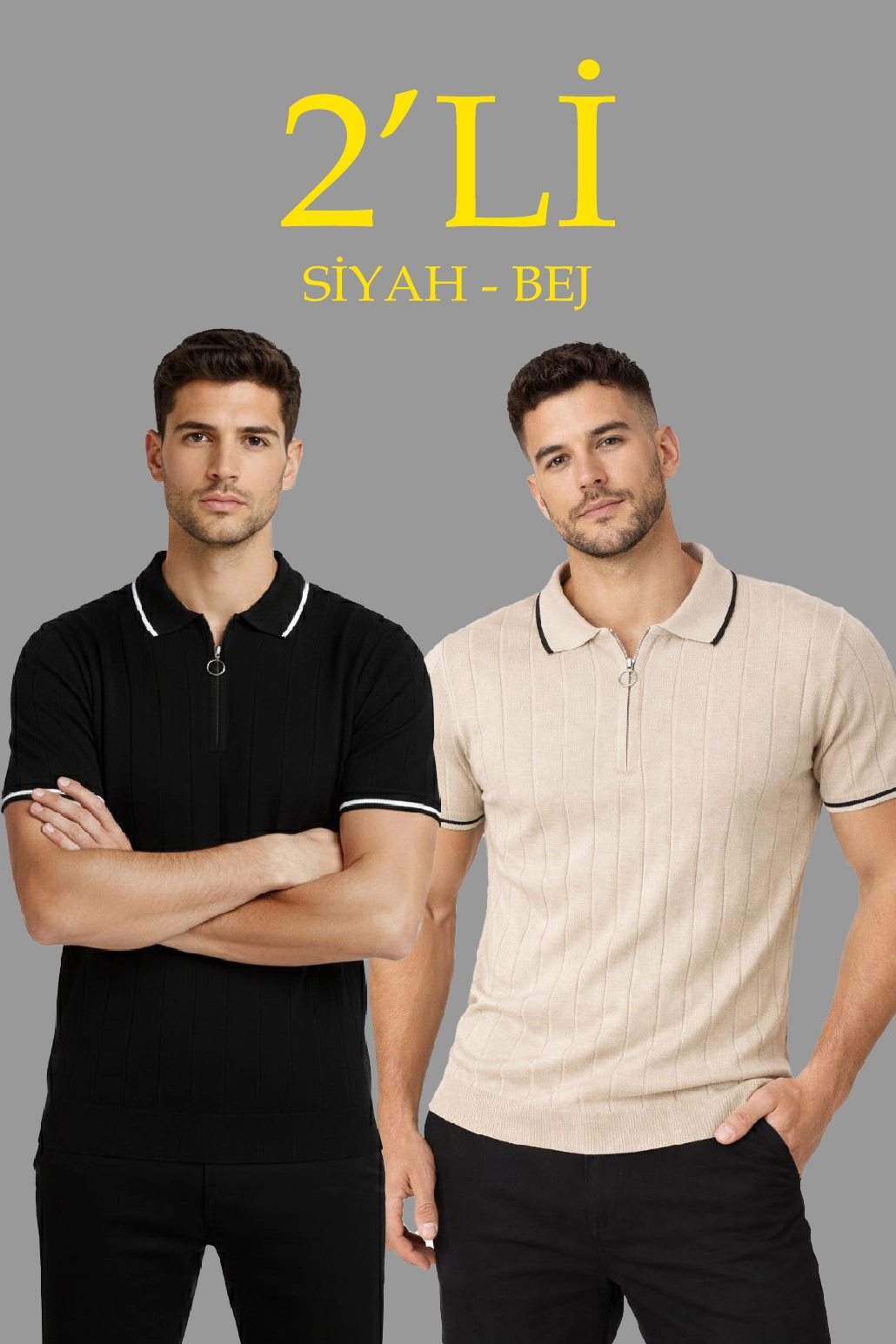 ASSEMA Erkek 2 li Paket Dokuma Triko  Fermuarlı Yakalı Fitilli Kısa Kollu Regular Fit Tişört - Bej & Siyah