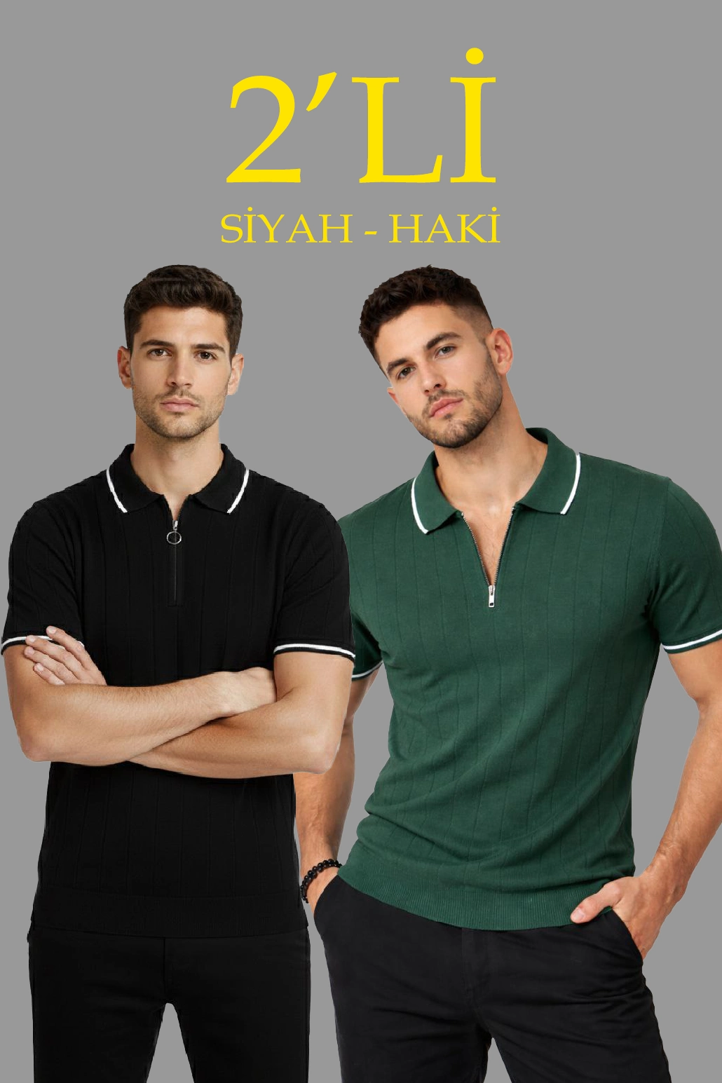 ASSEMA Erkek 2 li Paket Dokuma Triko Fermuarlı Yakalı Fitilli Kısa Kollu Regular - Haki & Siyah