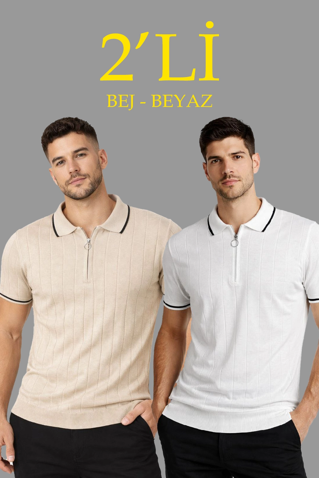 ASSEMA Erkek 2 li Paket Dokuma Triko  Fermuarlı Yakalı Fitilli Kısa Kollu Regular Fit Tişört - Bej & Beyaz