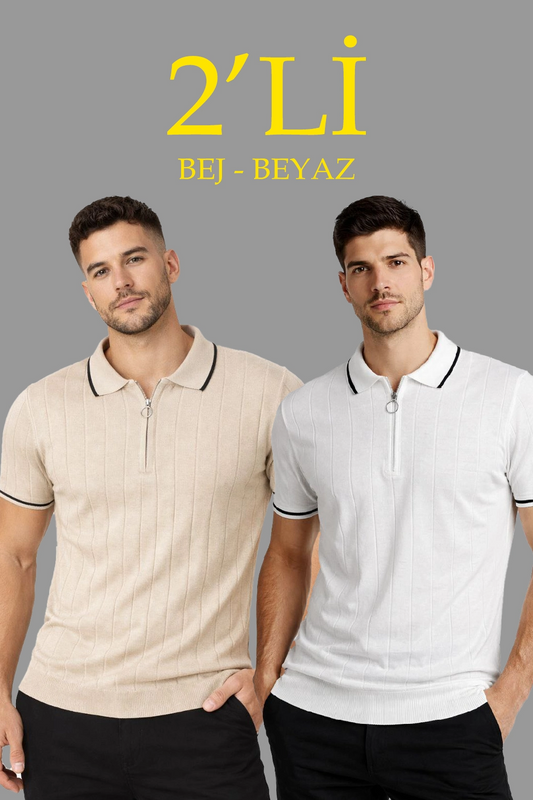 ASSEMA Erkek 2 li Paket Dokuma Triko  Fermuarlı Yakalı Fitilli Kısa Kollu Regular Fit Tişört - Bej & Beyaz