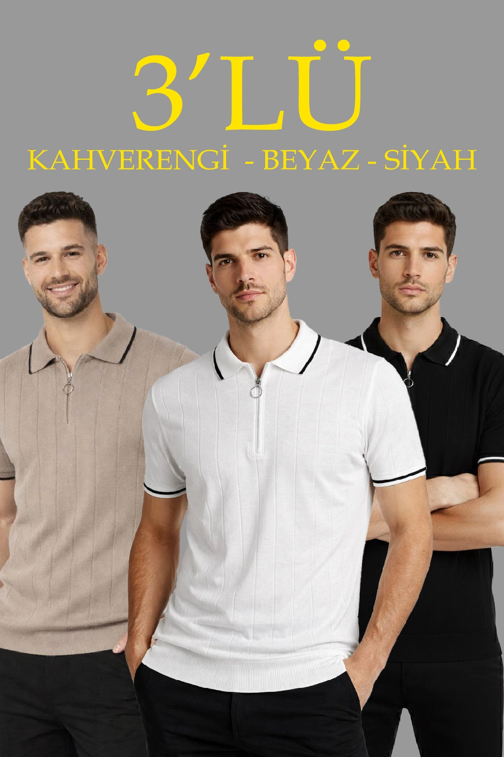 ASSEMA Erkek 3 lü Paket Dokuma Triko Fermuarlı Yakalı Fitilli Kısa Kollu Regular Fit Tişört -