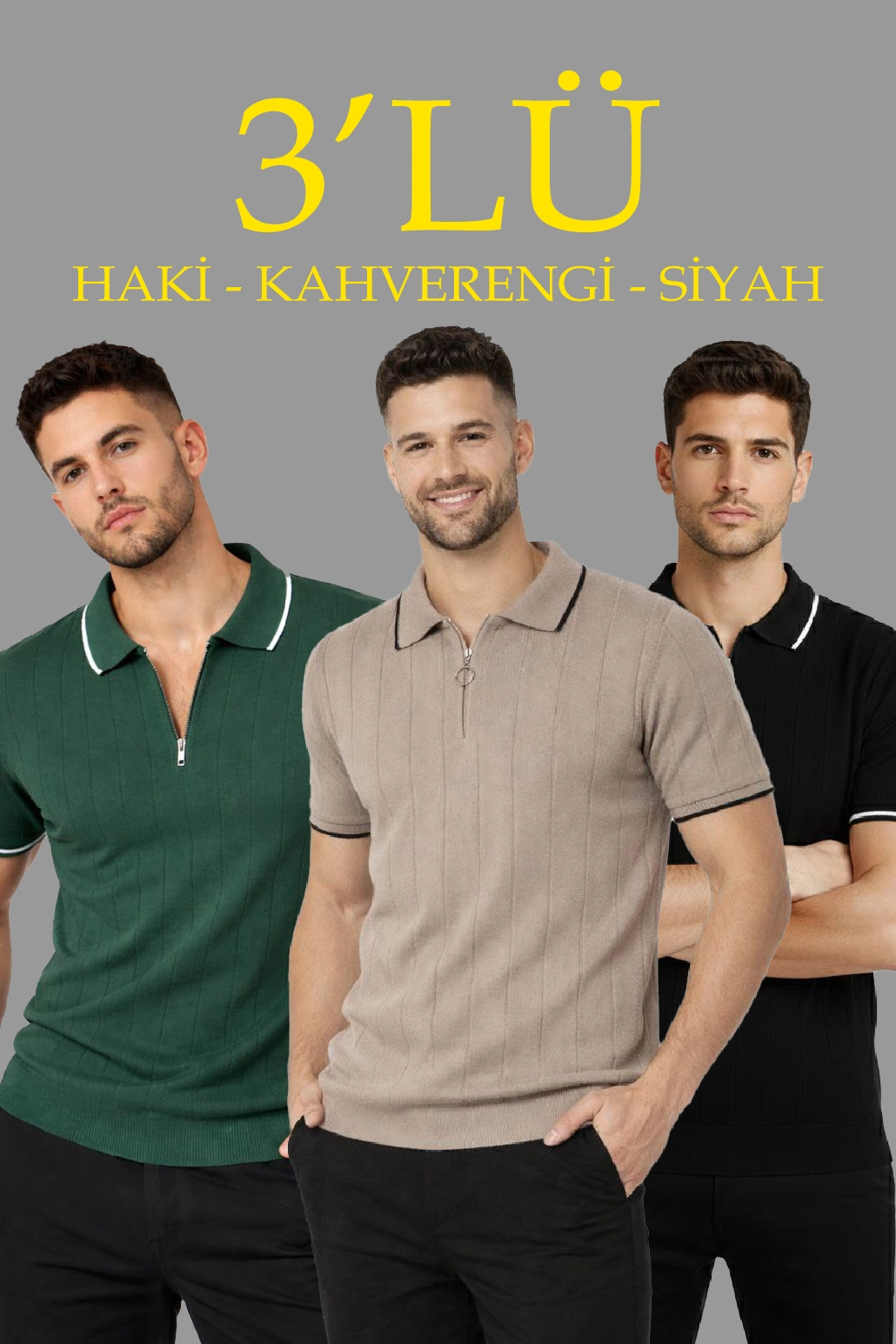 ASSEMA Erkek 3 lü Paket Dokuma Triko Fermuarlı Yakalı Fitilli Kısa Kollu Regular Fit Tişört -