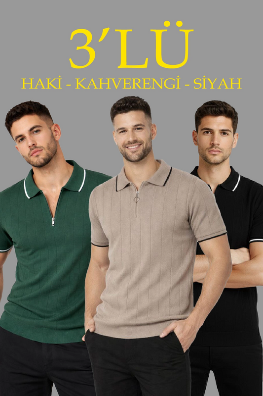 ASSEMA Erkek 3 lü Paket Dokuma Triko Fermuarlı Yakalı Fitilli Kısa Kollu Regular Fit Tişört -
