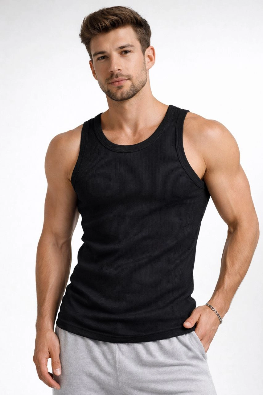ASSEMA Erkek Fitilli Atlet Sıfır Yaka Slim Fit Arka Baskılı Spor Atlet - Siyah