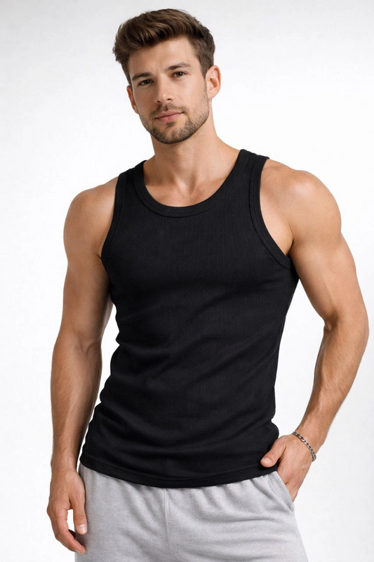 ASSEMA Erkek Fitilli Atlet Sıfır Yaka Slim Fit Arka Baskılı Spor Atlet - Siyah