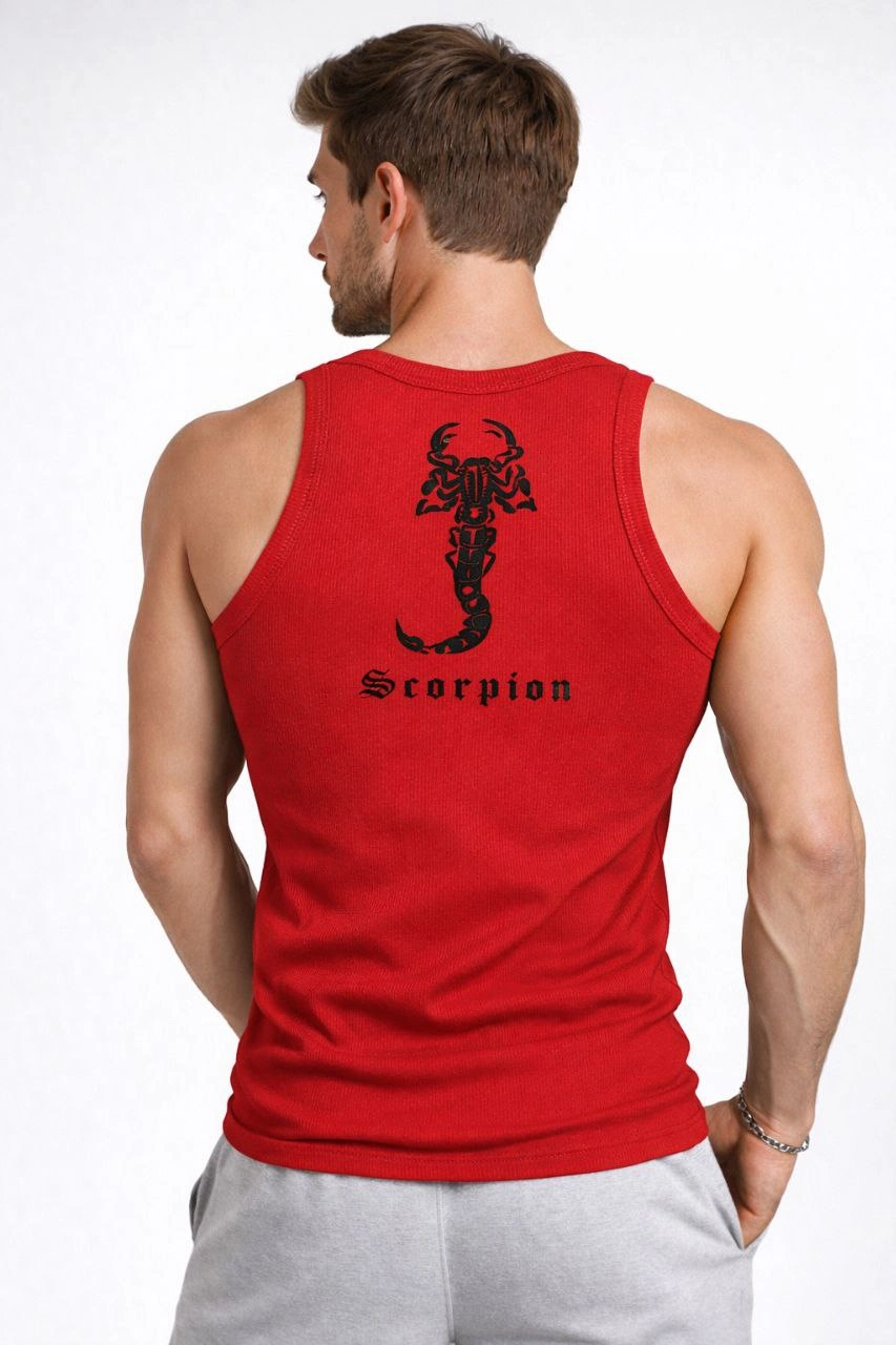 ASSEMA Erkek Fitilli Atlet Sıfır Yaka Slim Fit Arka Baskılı Spor Atlet - Kırmızı