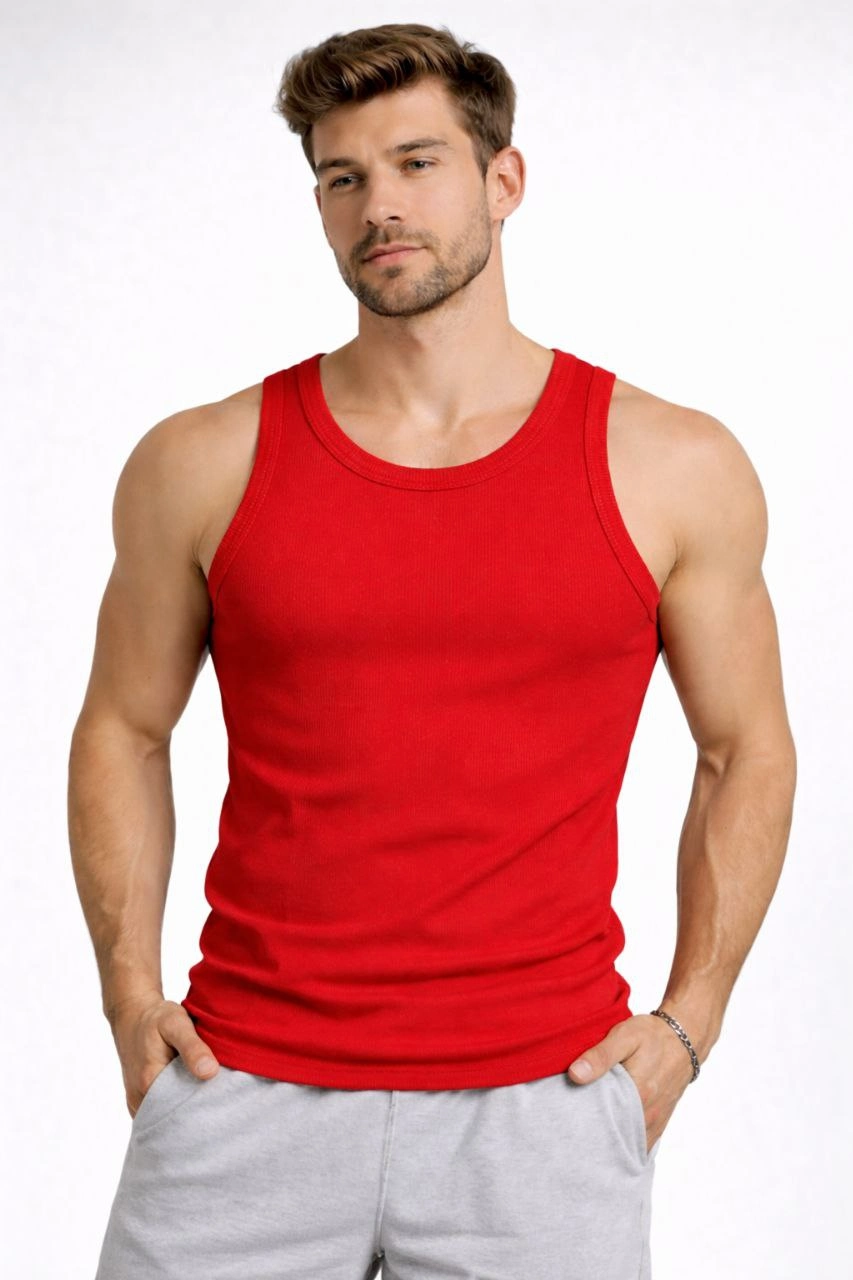 ASSEMA Erkek Fitilli Atlet Sıfır Yaka Slim Fit Arka Baskılı Spor Atlet - Kırmızı