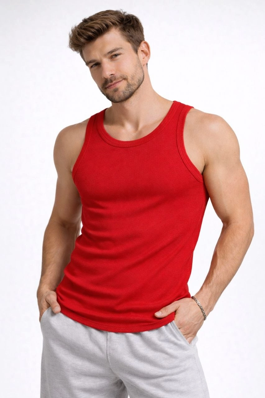 ASSEMA Erkek Fitilli Atlet Sıfır Yaka Slim Fit Arka Baskılı Spor Atlet - Kırmızı