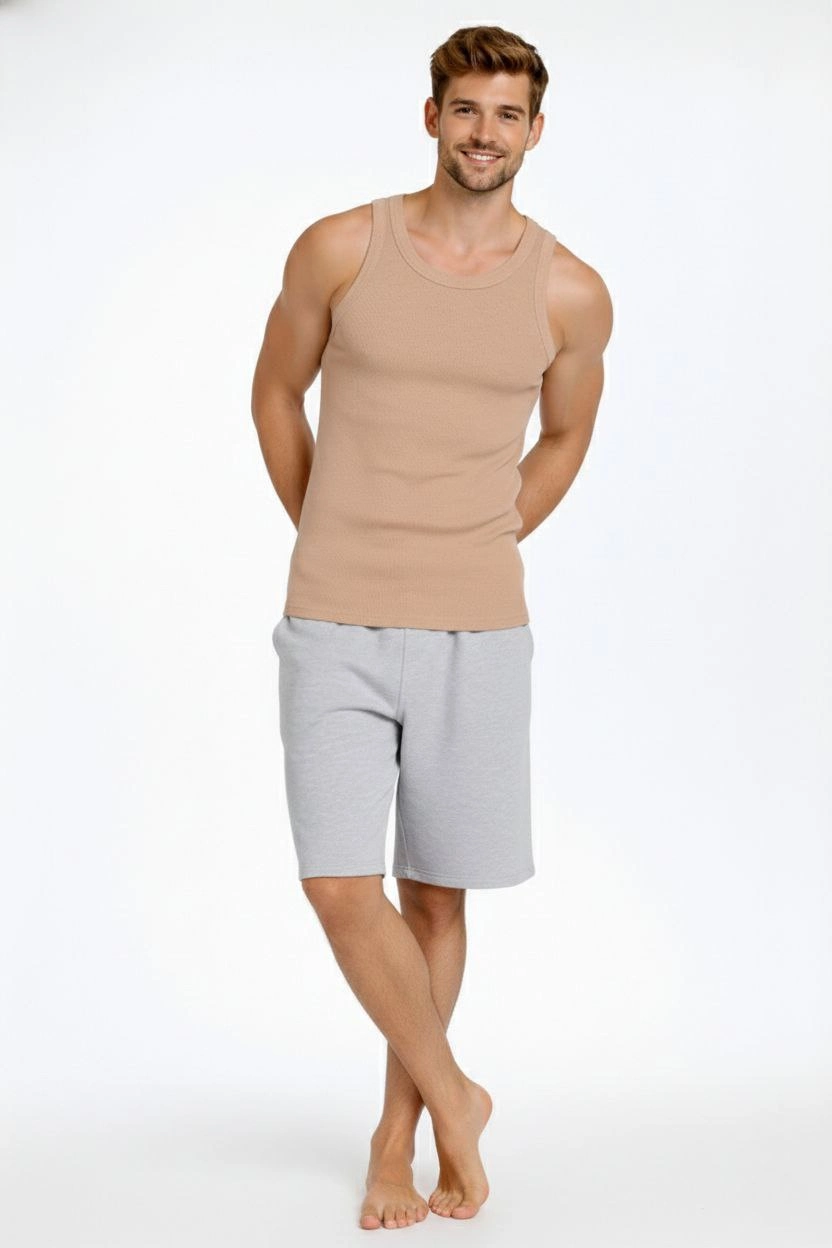 ASSEMA Erkek Fitilli Atlet Sıfır Yaka Slim Fit Arka Baskılı Spor Atlet - Bej