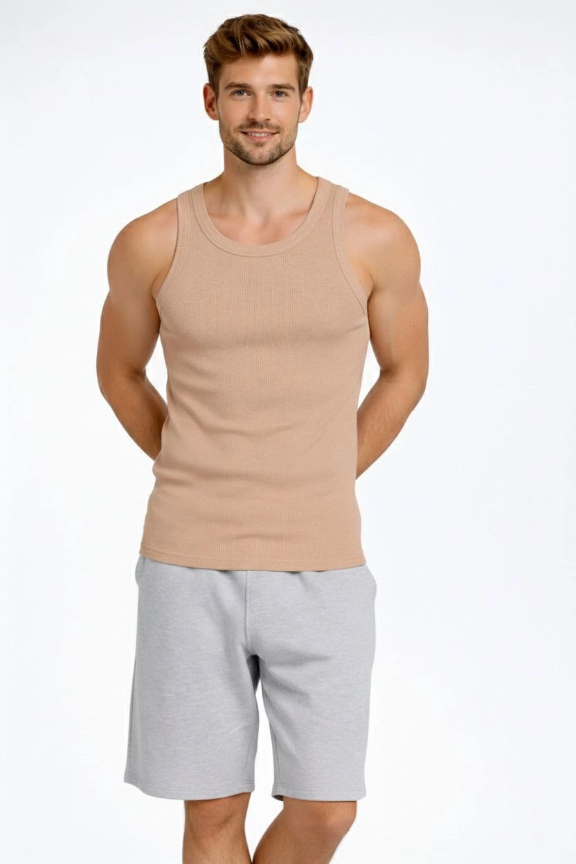 ASSEMA Erkek Fitilli Atlet Sıfır Yaka Slim Fit Arka Baskılı Spor Atlet - Bej