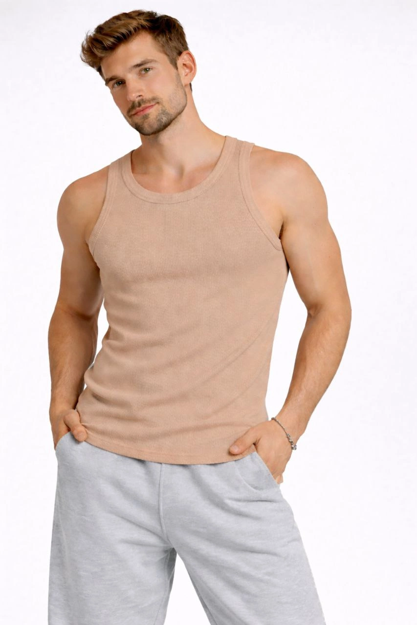 ASSEMA Erkek Fitilli Atlet Sıfır Yaka Slim Fit Arka Baskılı Spor Atlet - Bej