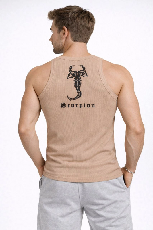ASSEMA Erkek Fitilli Atlet Sıfır Yaka Slim Fit Arka Baskılı Spor Atlet - Bej