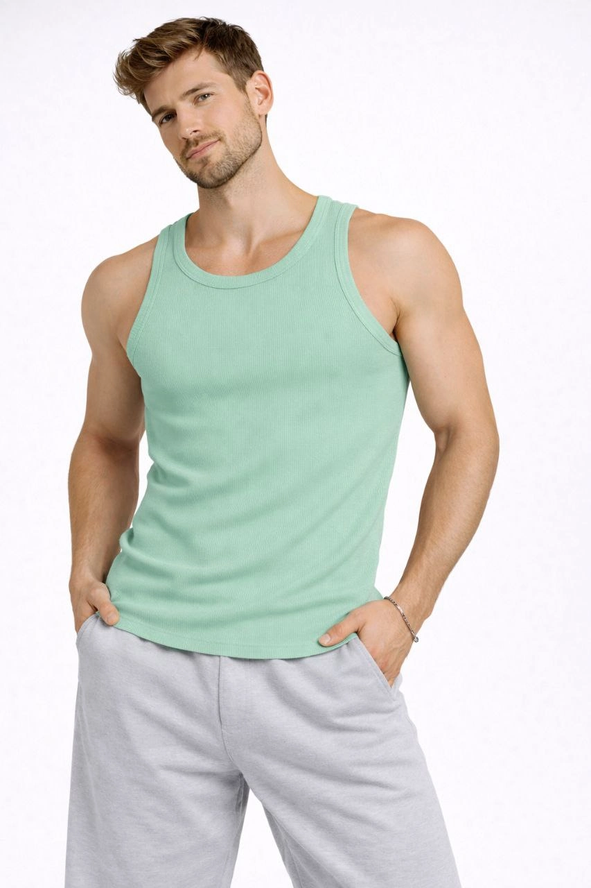 ASSEMA Erkek Fitilli Atlet Sıfır Yaka Slim Fit Arka Baskılı Spor Atlet - Mint Yeşili
