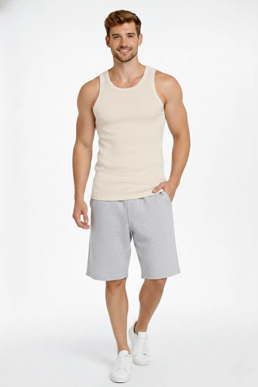 ASSEMA Erkek Fitilli Atlet Sıfır Yaka Slim Fit Arka Baskılı Spor Atlet - Krem