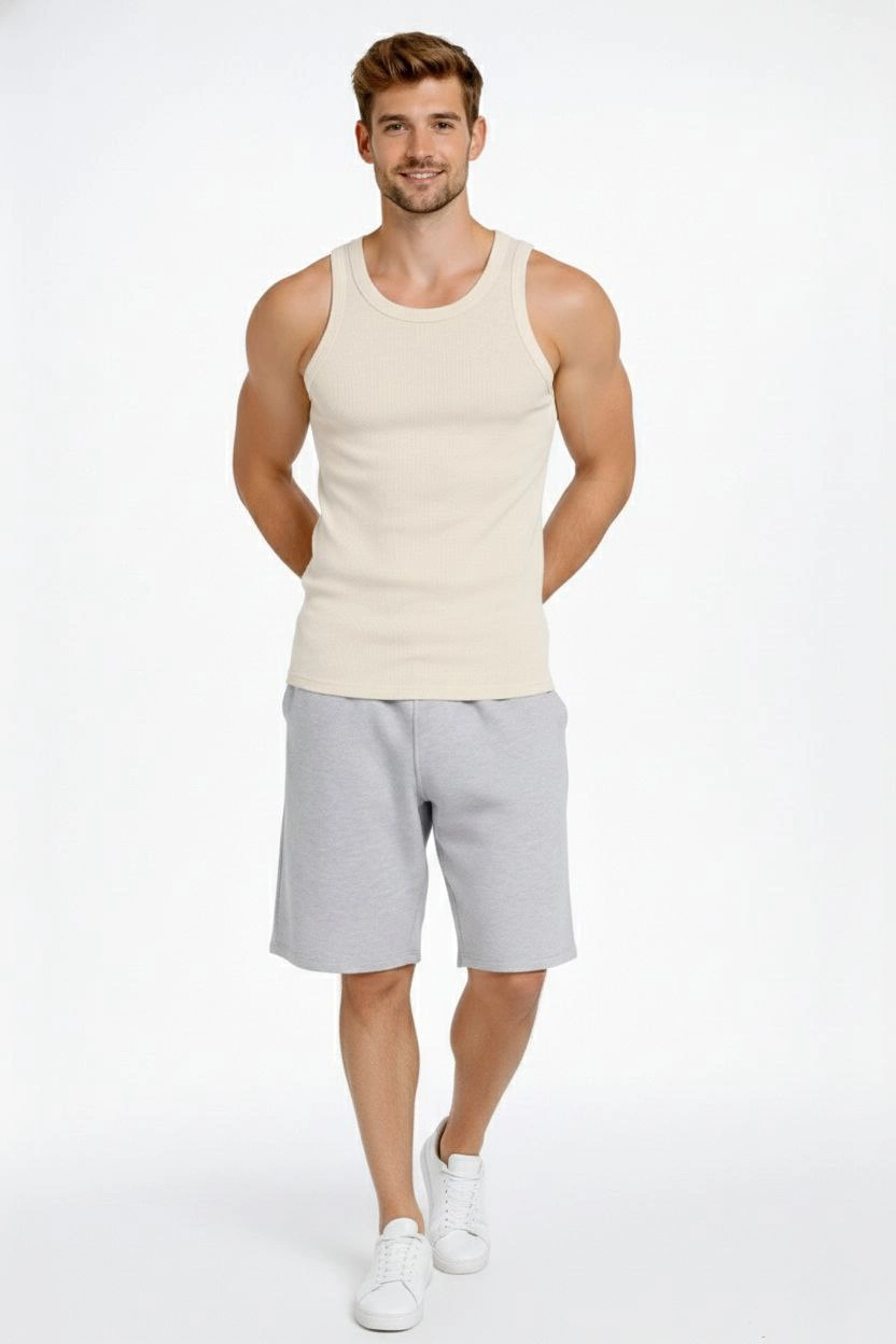 ASSEMA Erkek Fitilli Atlet Sıfır Yaka Slim Fit Arka Baskılı Spor Atlet - Krem