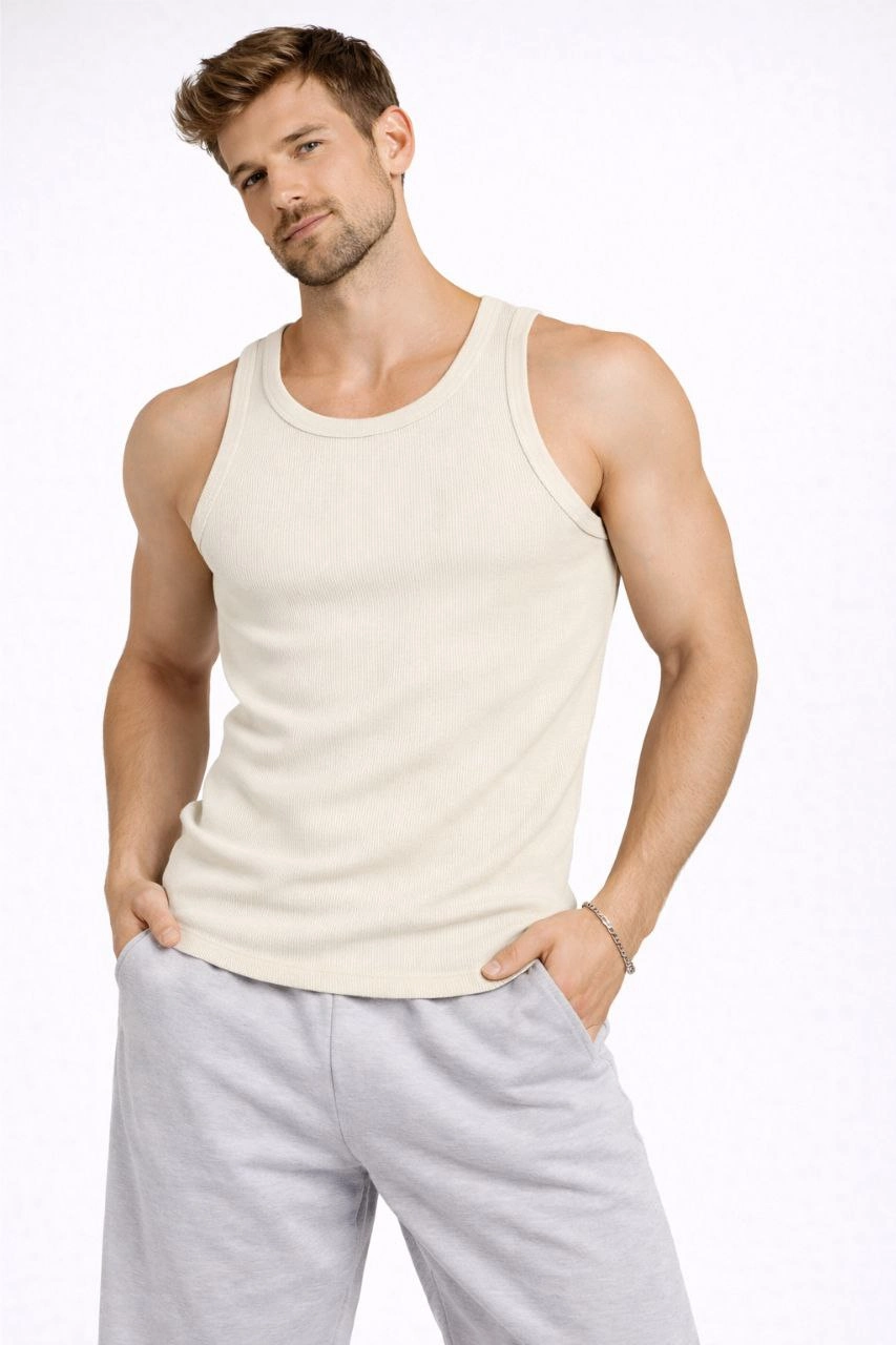 ASSEMA Erkek Fitilli Atlet Sıfır Yaka Slim Fit Arka Baskılı Spor Atlet - Krem