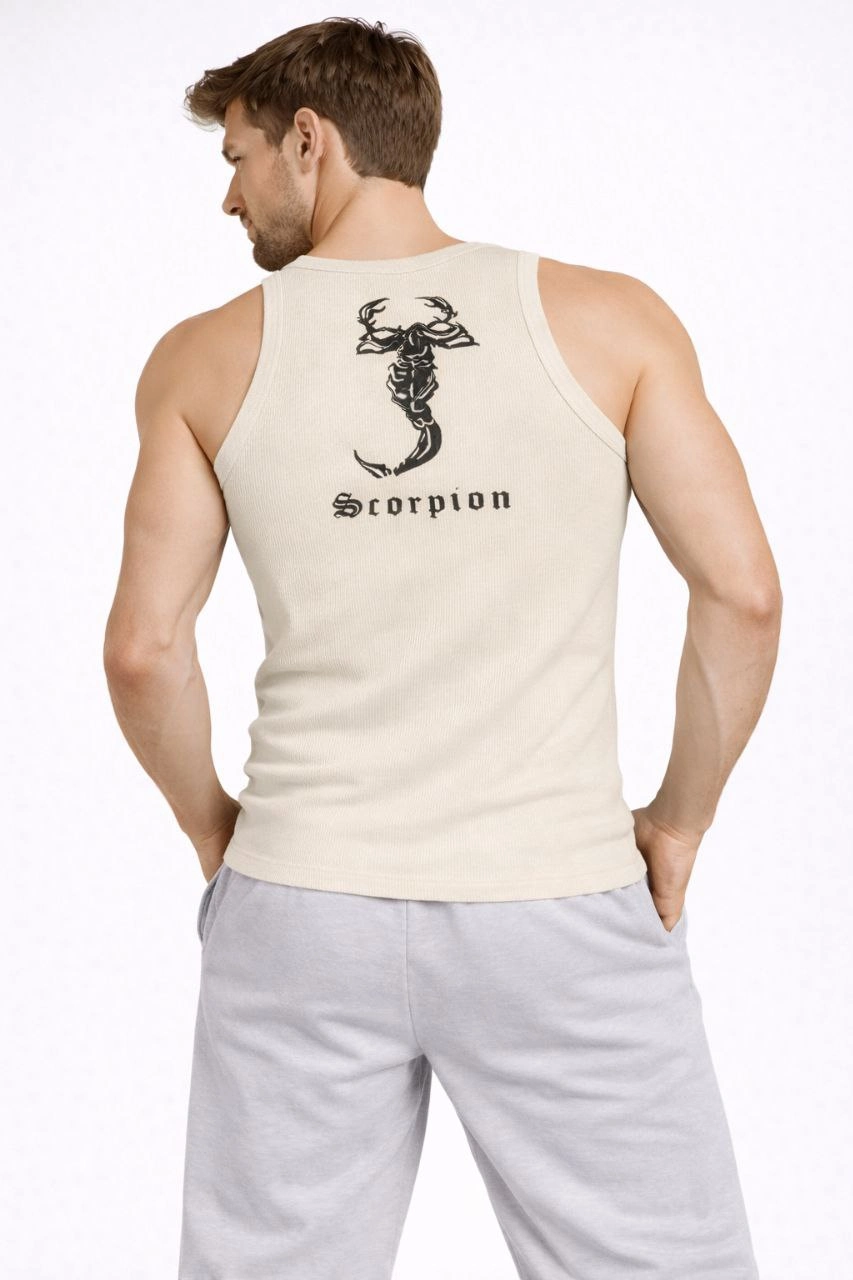 ASSEMA Erkek Fitilli Atlet Sıfır Yaka Slim Fit Arka Baskılı Spor Atlet - Krem