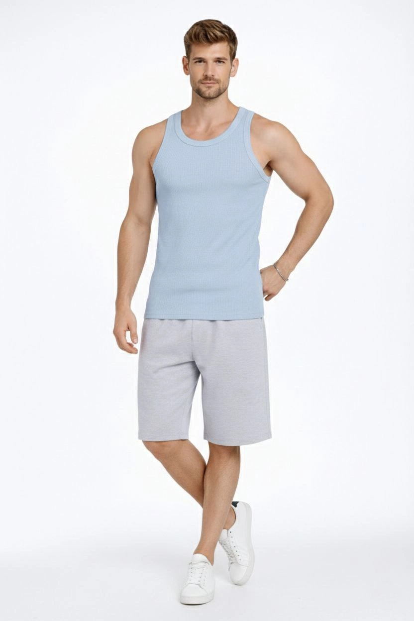 ASSEMA Erkek Fitilli Atlet Sıfır Yaka Slim Fit Arka Baskılı Spor Atlet - Bebek Mavisi