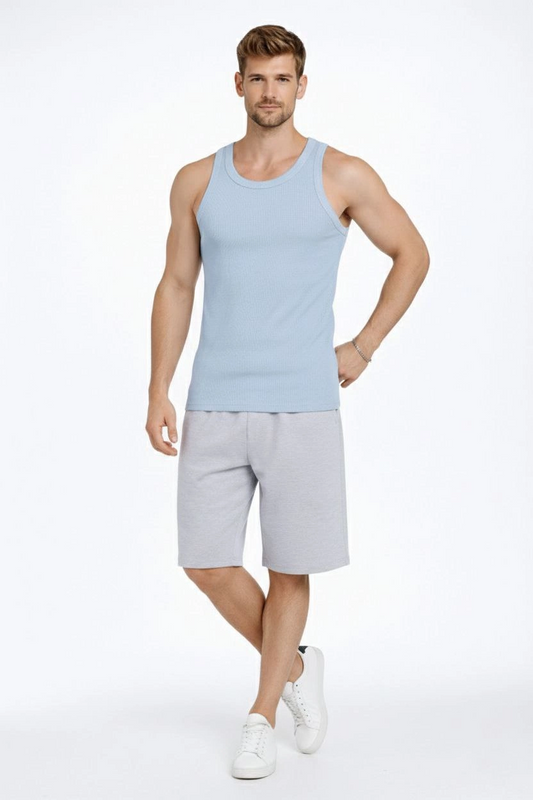ASSEMA Erkek Fitilli Atlet Sıfır Yaka Slim Fit Arka Baskılı Spor Atlet - Bebek Mavisi