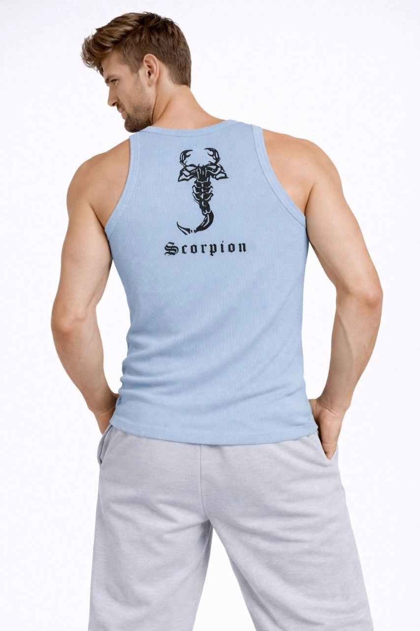 ASSEMA Erkek Fitilli Atlet Sıfır Yaka Slim Fit Arka Baskılı Spor Atlet - Bebek Mavisi