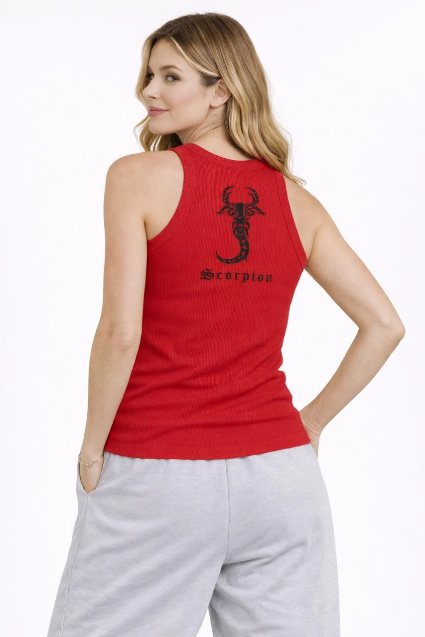 ASSEMA Kadın Fitilli Atlet Sıfır Yaka Slim Fit Arka Baskılı Spor Atlet - Kırmızı