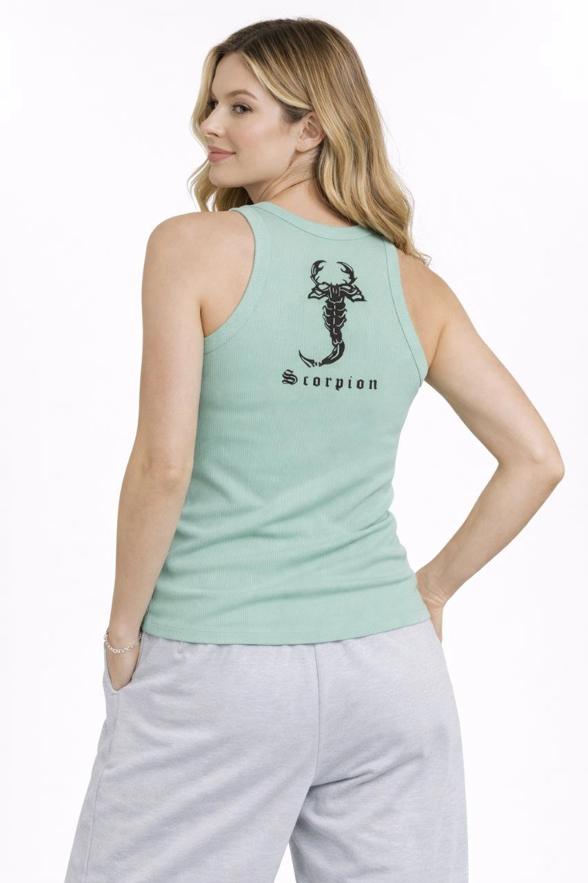 ASSEMA Kadın Fitilli Atlet Sıfır Yaka Slim Fit Arka Baskılı Spor Atlet - Mint Yeşili