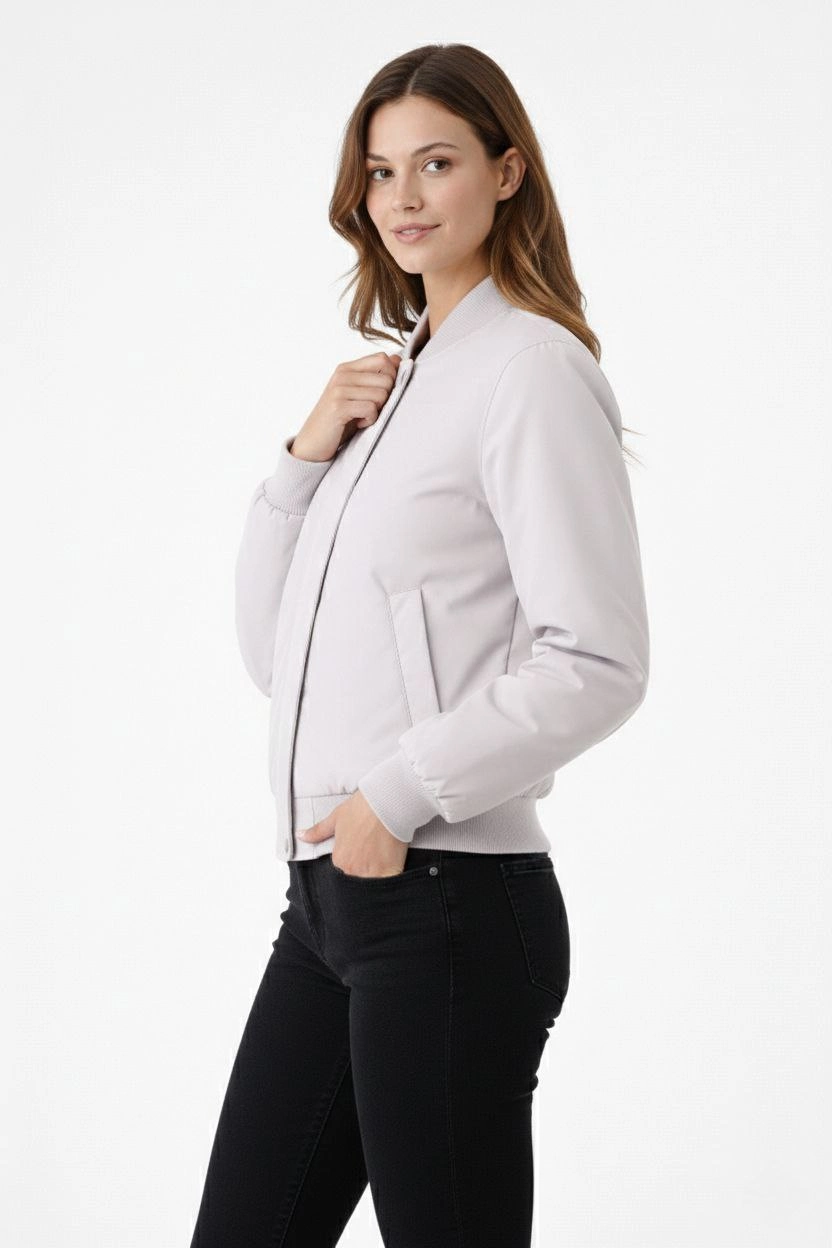 ASSEMA Kadın Premium Bomber Ceket Çıtçıt Kapamalı, Ribana Manşetli, Astarlı, Regular Fit Mont - Beyaz