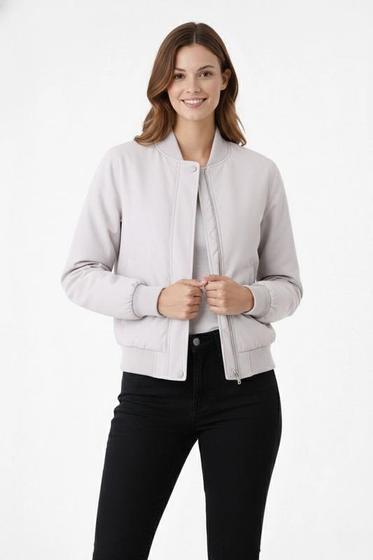ASSEMA Kadın Premium Bomber Ceket Çıtçıt Kapamalı, Ribana Manşetli, Astarlı, Regular Fit Mont - Beyaz