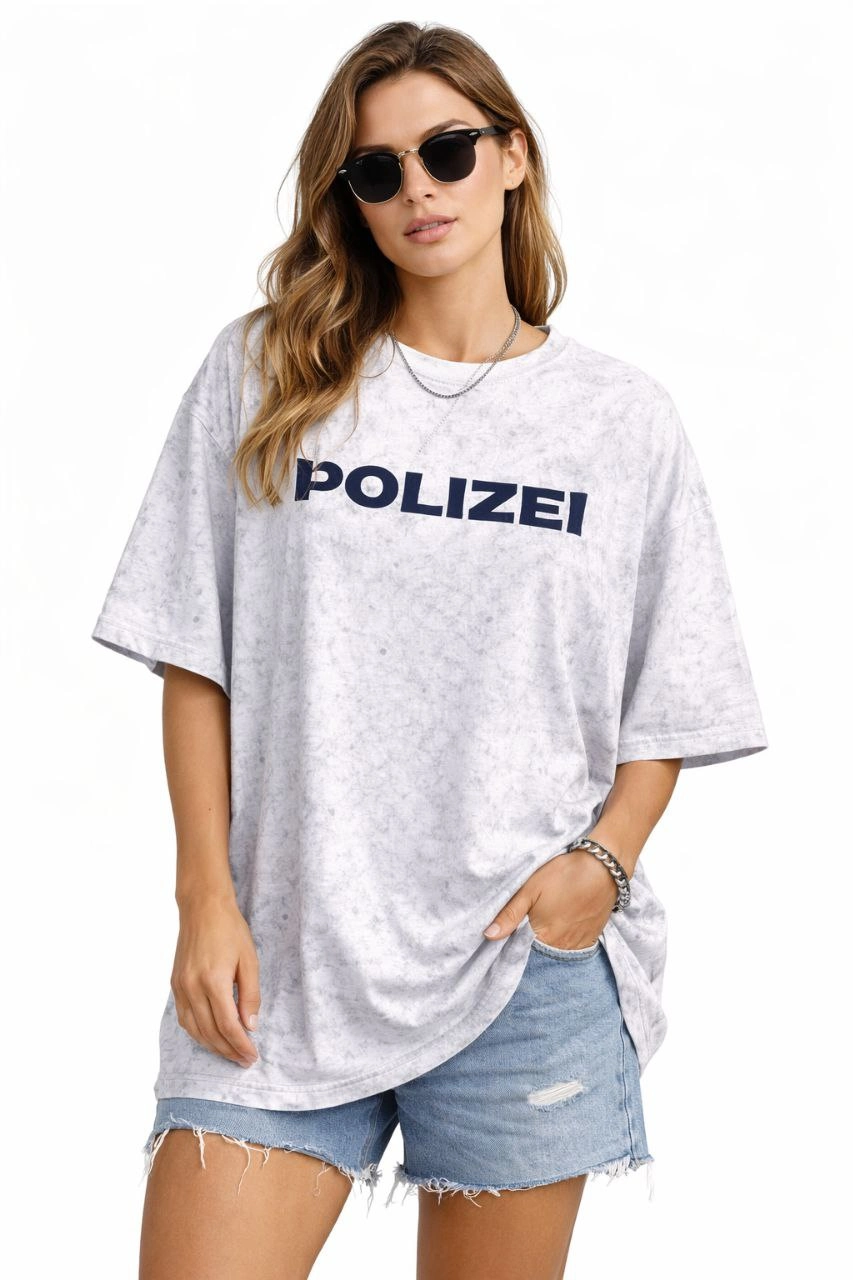 ASSEMA Kadın Asit Yıkamalı Oversize Tişört ön ve Arkası Baskılı %100 Pamuk Street Style T-Shirt - Beyaz