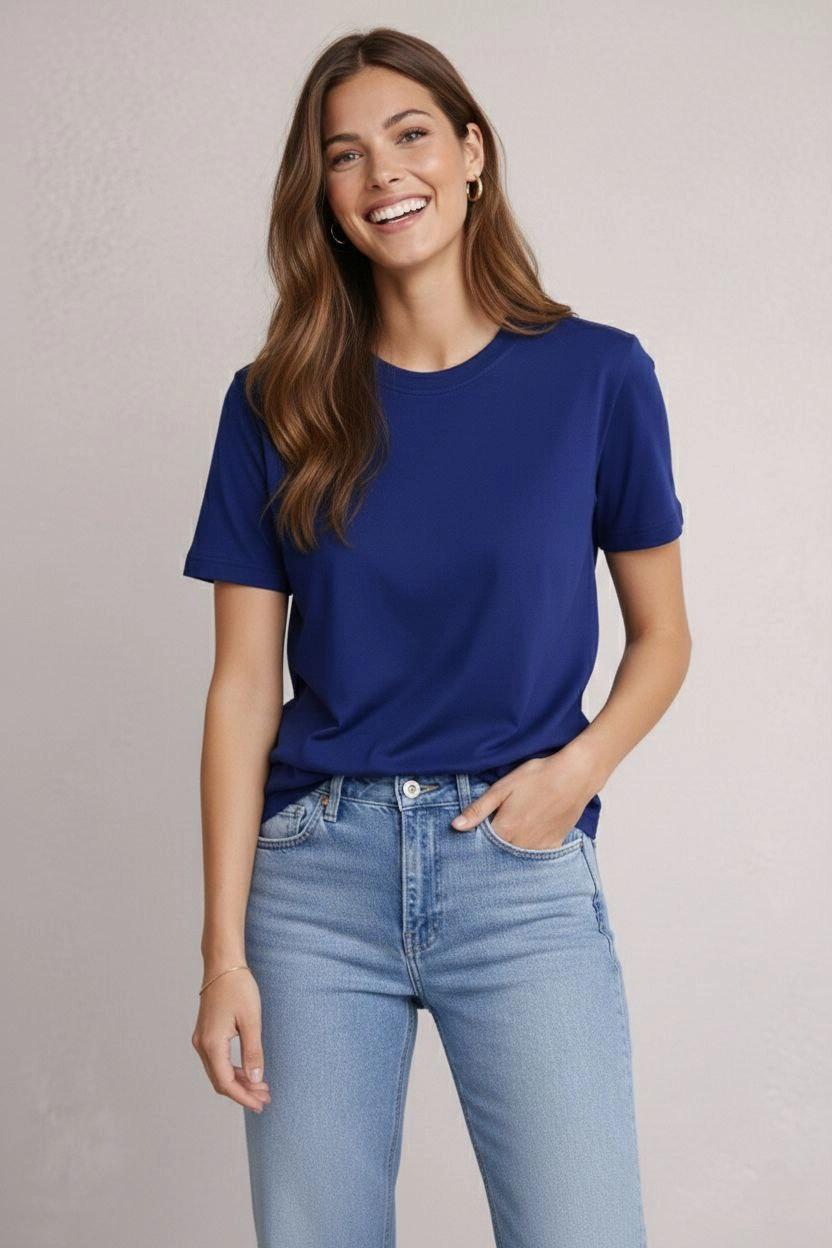 ASSEMA Kadın Osy Modal yumuşak dokulu Kumaş  Bisiklet Yaka T-shirt - Lacivert