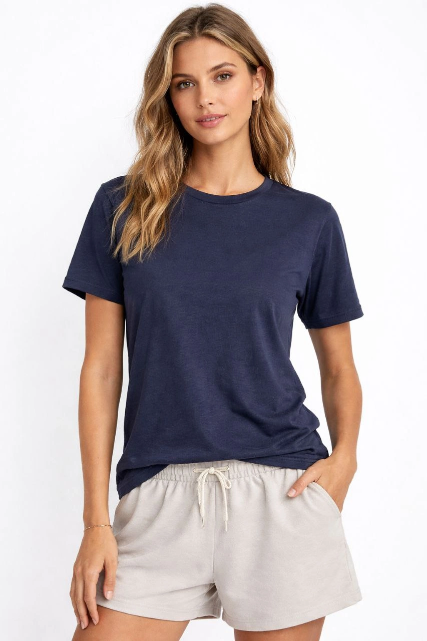 ASSEMA Kadın Osy Modal yumuşak dokulu Kumaş Bisiklet Yaka T-shirt - İndigo
