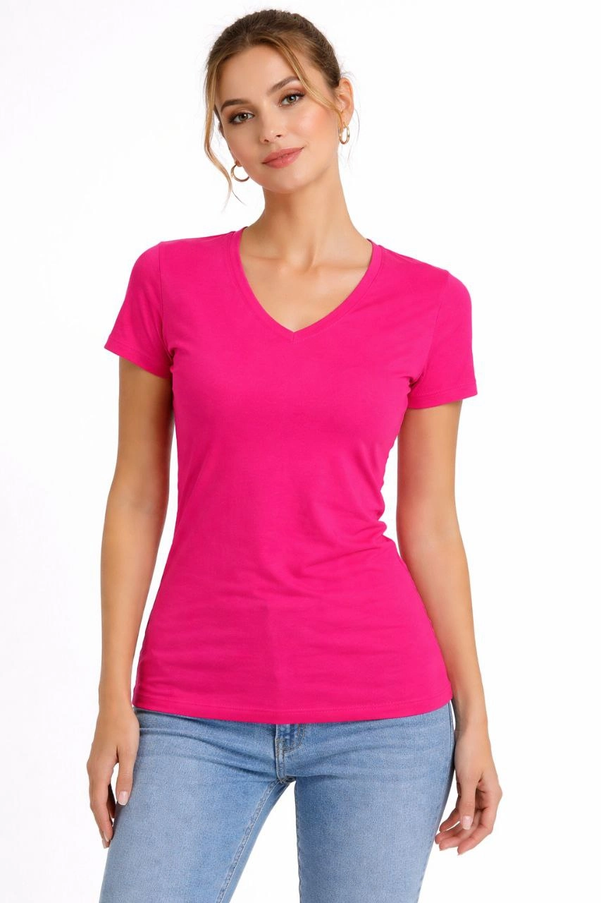 ASSEMA Kadın V Yaka Slim Fit Likralı Tişört - Pembe
