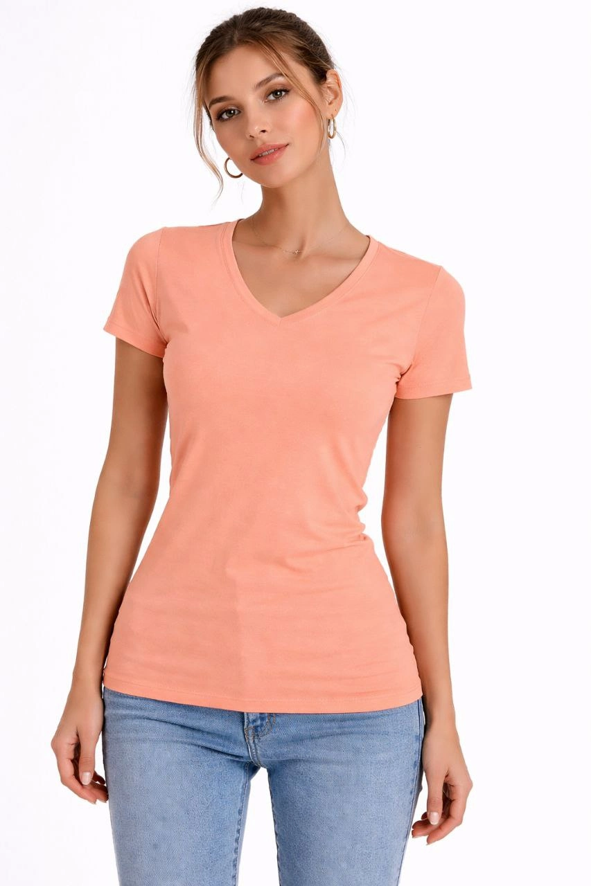 ASSEMA Kadın V Yaka Slim Fit Likralı Tişört - Toz Pembe