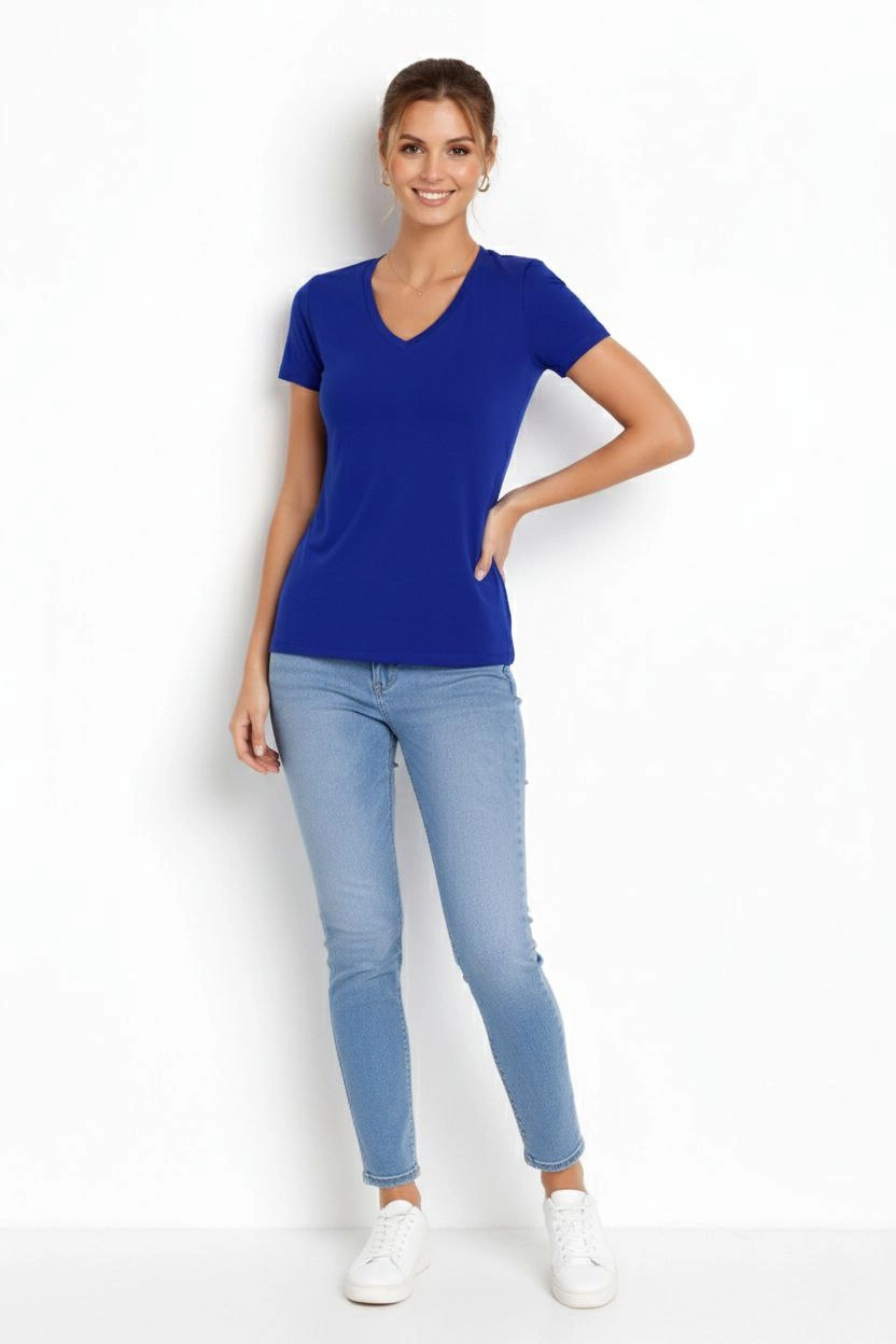ASSEMA Kadın T-Shirt V Yaka Slim Fit Likralı Tişört Günlük Basic Body - İndigo