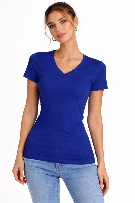 ASSEMA Kadın T-Shirt V Yaka Slim Fit Likralı Tişört Günlük Basic Body - İndigo