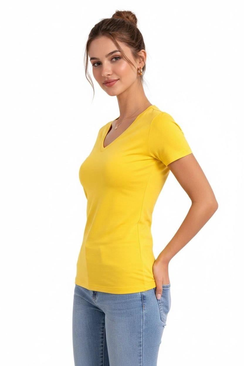 ASSEMA Kadın V Yaka Slim Fit Likralı Tişört - Sarı