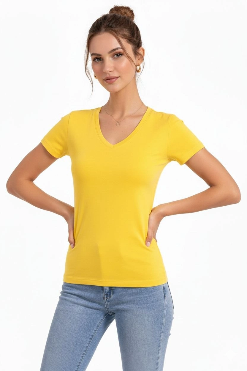 ASSEMA Kadın V Yaka Slim Fit Likralı Tişört - Sarı