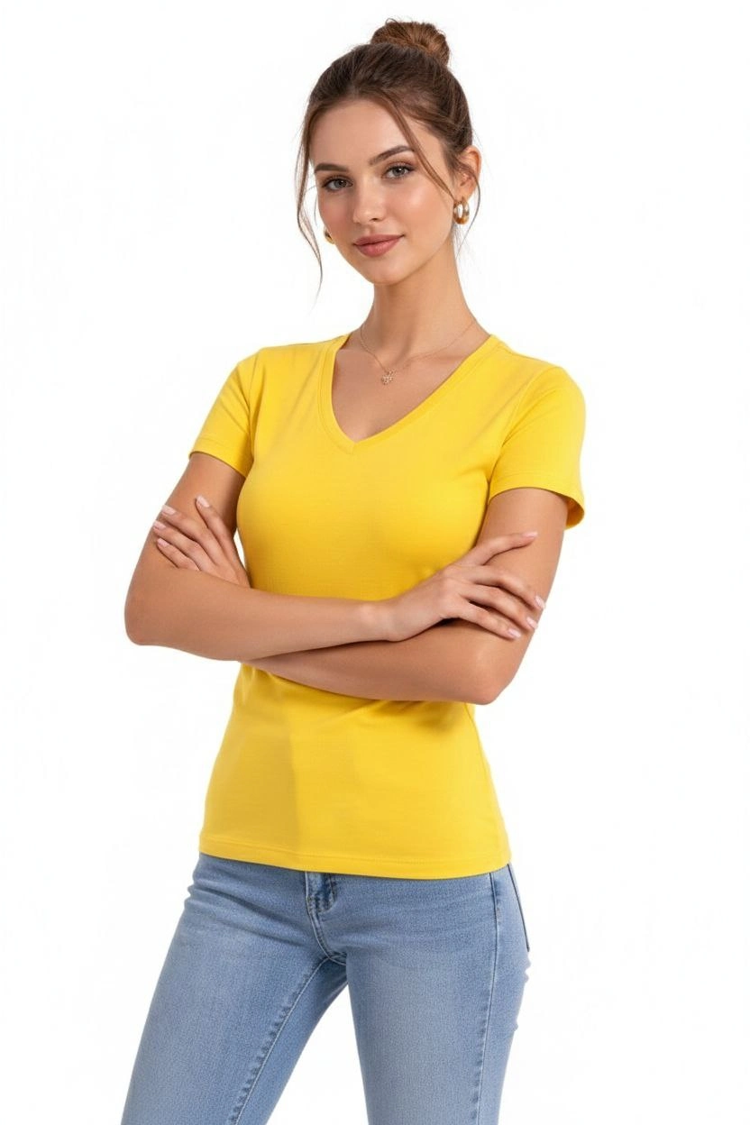 ASSEMA Kadın V Yaka Slim Fit Likralı Tişört - Sarı