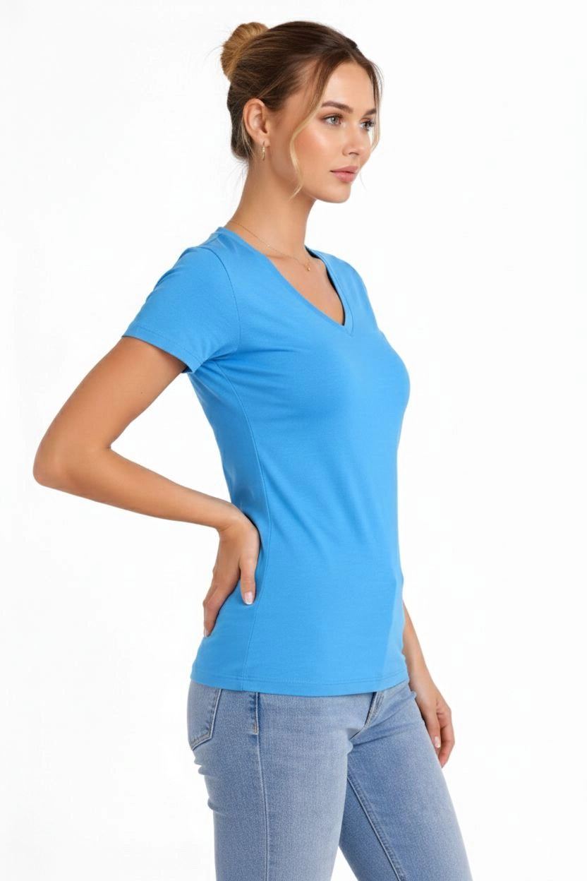 ASSEMA Kadın V Yaka Slim Fit Likralı Tişört - Açık Mavi