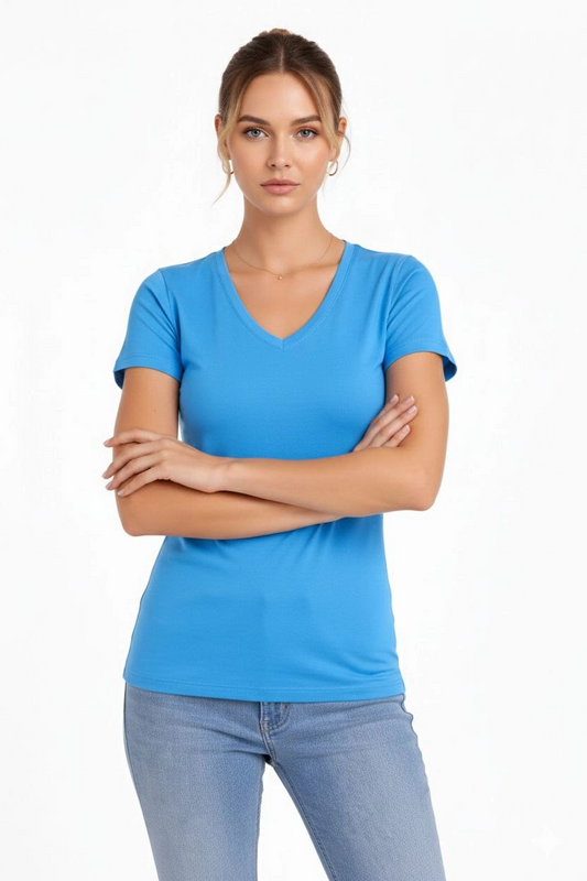 ASSEMA Kadın V Yaka Slim Fit Likralı Tişört - Açık Mavi