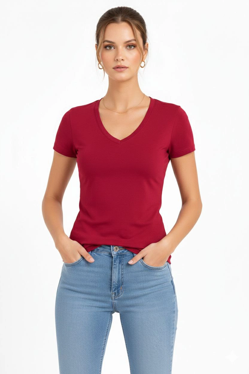 ASSEMA Kadın V Yaka Slim Fit Likralı Tişört - Bordo