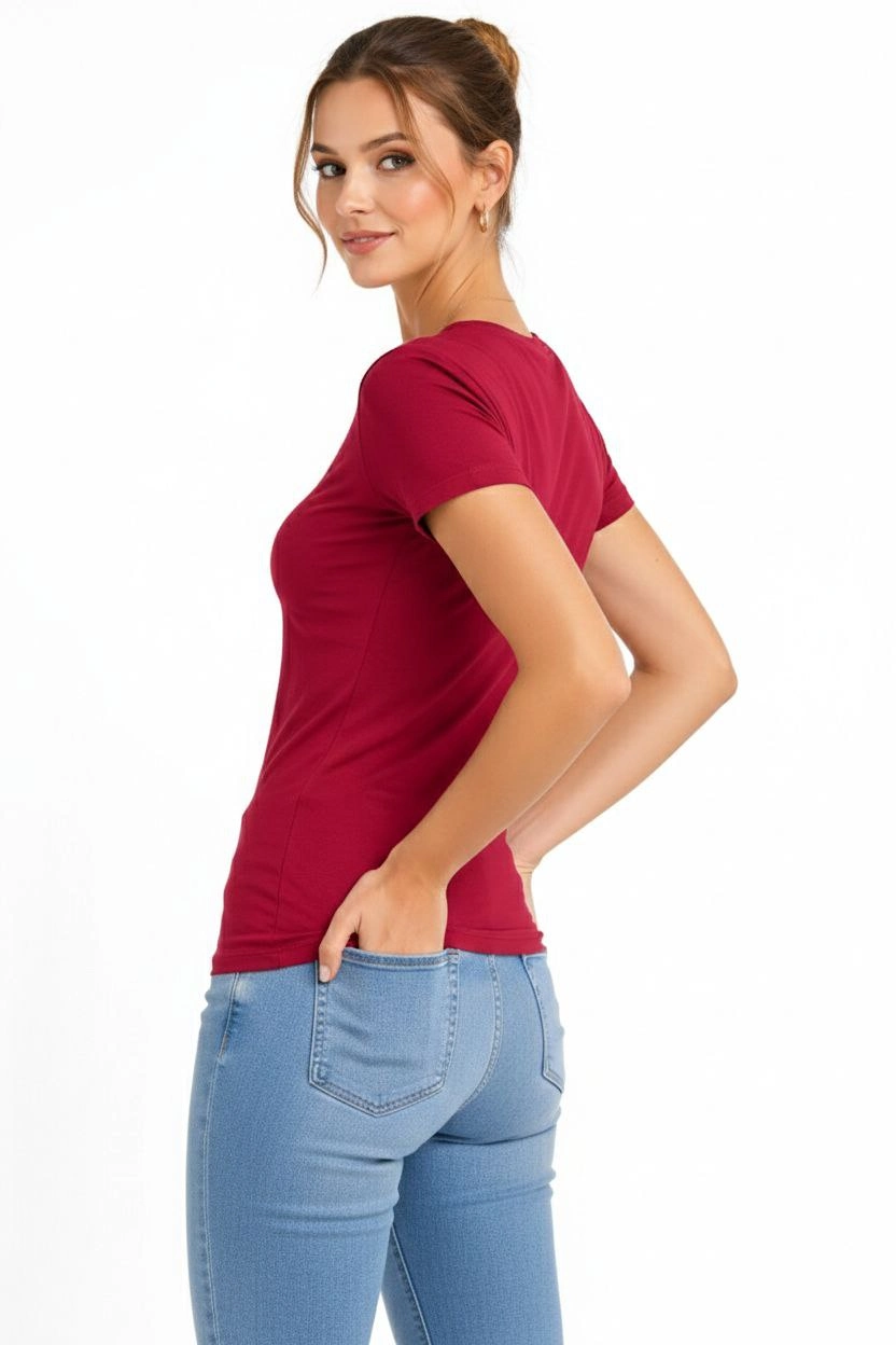 ASSEMA Kadın V Yaka Slim Fit Likralı Tişört - Bordo