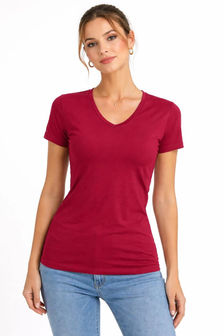 ASSEMA Kadın V Yaka Slim Fit Likralı Tişört - Bordo